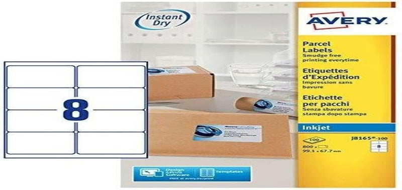 Avery Self Adhesive Parcel Shipping Labels, Inkjet Printers, 8 Labels Per A4 Sheet, 800 labels, QuickDRY (J8165), White, 100 Sheets