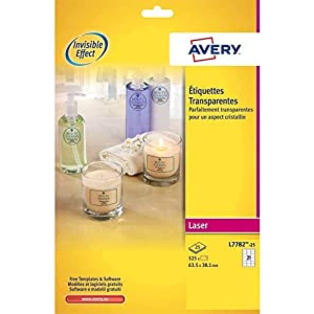 Avery L7782-25 - Pack de 25 folios de etiquetas brillantes, 63.5 x 38.1 mm , Transparentes