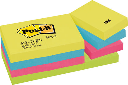 Post-it® Foglietti adesivi Active, 51 x 38 mm, 4 colori assortiti, 100 fogli (12 blocchi), 1 confezione da 12 blocchetti