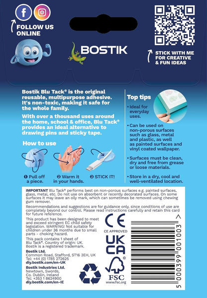 Bostik Blu Tack, Multipurpose Reusable Adhesive, Clean, Safe & Easy to Use, Non-Toxic, Handy Size, Colour: Blue Blue Handy