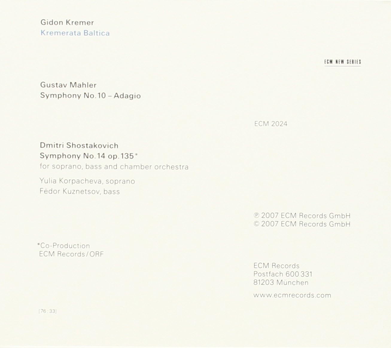 Adagio/symphony No. 14 (Kremer, Kremerata Baltica)