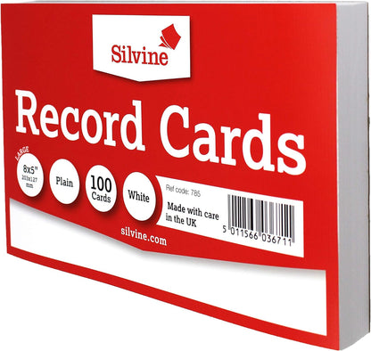 Silvine 8x5" White Record Cards - Plain, 100 cards per pack. Ref 785 (203 x 127mm