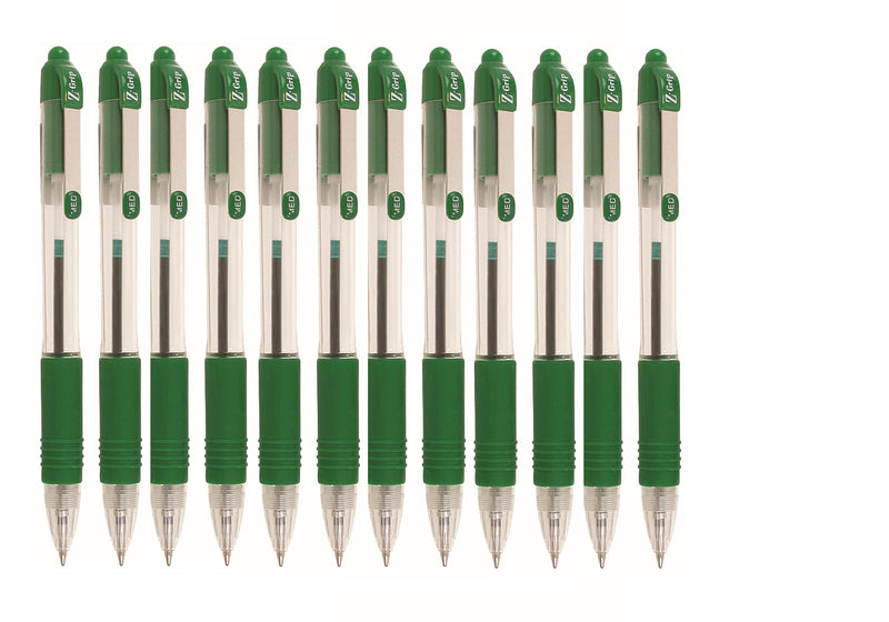 ZEBRA Pen Z Grip Green Pens Ballpoint, Smooth & Comfortable ZEBRA Pens With Pocket Clip, Retractable Ballpoints With Green Ink, Reliable Biro Multipack For Everyday Use - Med Point, 12pk