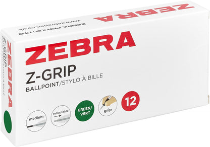 ZEBRA Pen Z Grip Green Pens Ballpoint, Smooth & Comfortable ZEBRA Pens With Pocket Clip, Retractable Ballpoints With Green Ink, Reliable Biro Multipack For Everyday Use - Med Point, 12pk