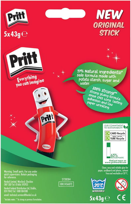 Pritt Glue Stick, Safe & Child-Friendly Craft Glue for Arts & Crafts Activities, Strong-Hold adhesive for School & Office Supplies, 43g (Pack of 5) retail_packaging