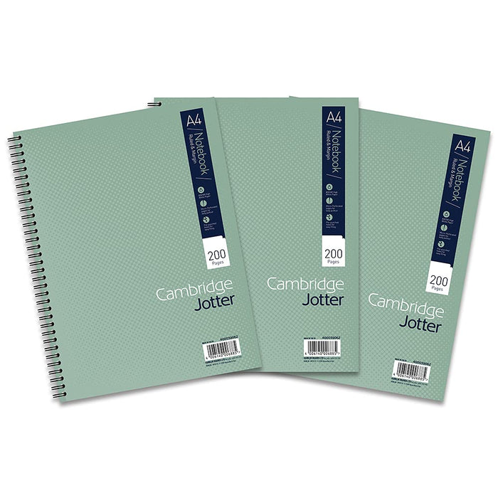 Cambridge Jotter, A4 Notebook, Wirebound, Lined, 200 Page, Pack of 3, Green pkg of 3