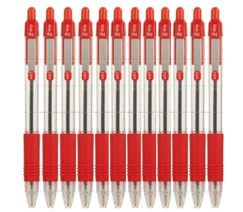 Zebra Z-Grip Medium Retractable Metal Clip Ball Pen - Red (Pack of 12) Red 12 Count (Pack of 1)