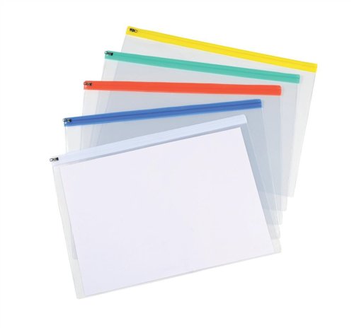 5 Star Office Zip Filing Bags PVC Clear Front with Coloured Seal A3 Assorted (Pack 5