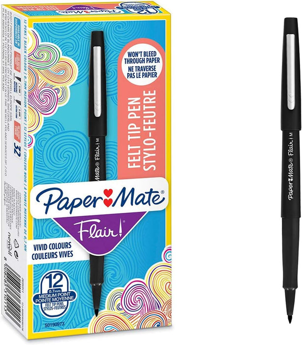Paper Mate Flair Fibre Tip Pen Medium Point 0.7mm Black (Pack 12)