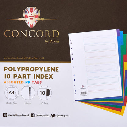 Concord Plastic Subject Dividers Polypropylene 120 Micron Europunched 10-Part A4 Assorted Ref 0690