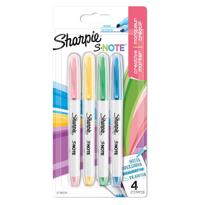Sharpie S-Note Highlighter Pens | Part Art Marker Pen, Part Highlighter to Draw, Write & More | Assorted Pastel Colours | Chisel Tip | 4 Count 4 count Single Tip