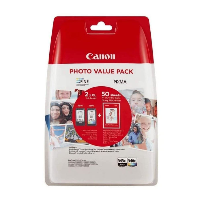 Canon Genuine Ink Cartridges PG-545XL/C-546 XL + Photo Paper Value Pack For Selected T, TR, IP, MX and MG Series, Black/Yellow/Magenta/Cyan,2421U95