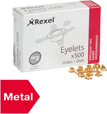 Rexel Natural Brass Finish Eyelets, For up to 20 Sheets, 4.7 mm Diameter and 4.2 mm Length, Use with Hole Punch and Eyelet Pliers, Copper Plated, Pack of 500, 20320051