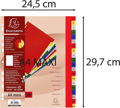 Exacompta - Ref 90E - PP Printed Indices - For Use With A4+ Documents, 0.1mm Polypropylene, Pre-Punched, Soft & Tear Resistant - 20 Divider Parts (A-Z) - White With Coloured Tabs