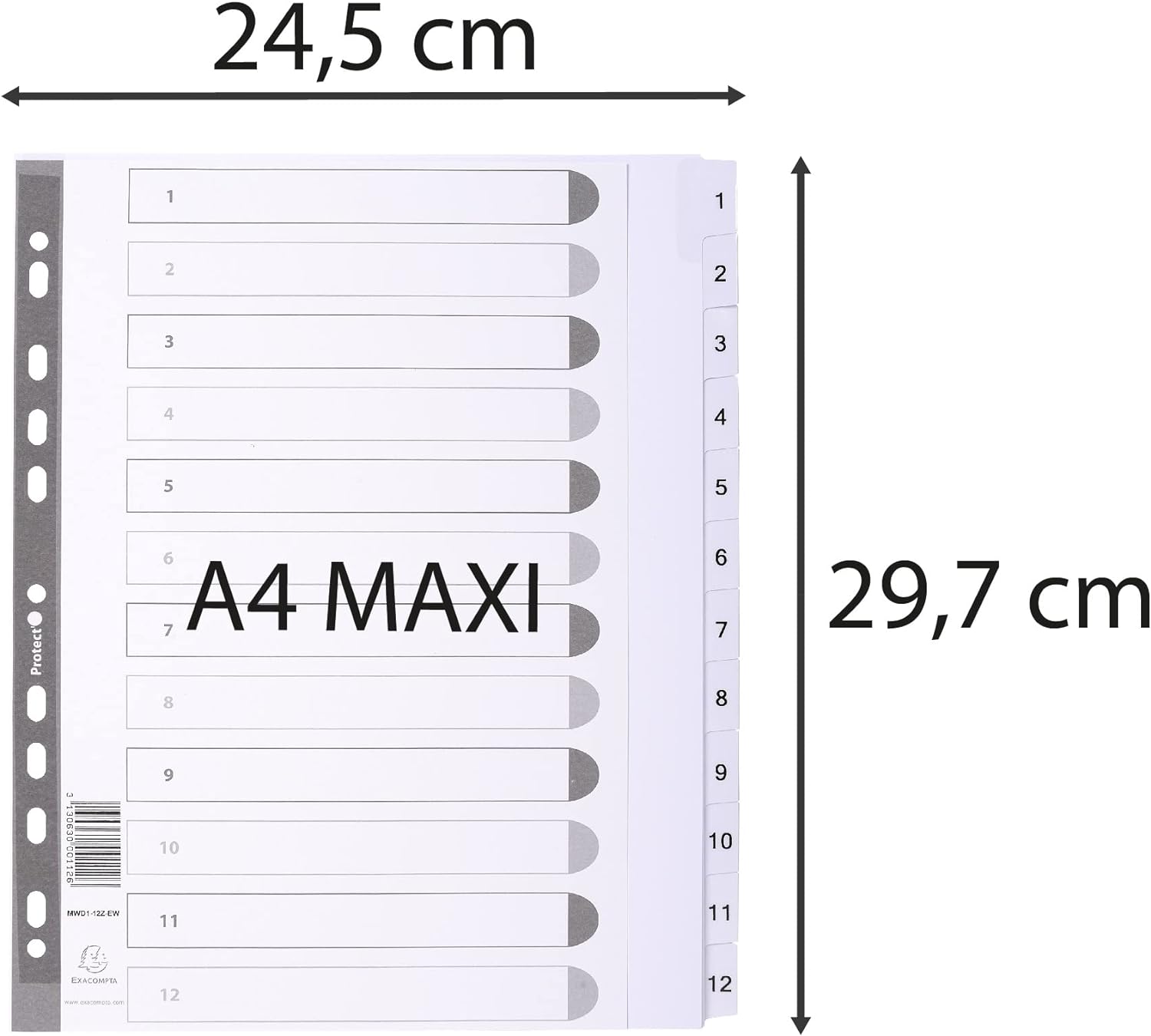 Exacompta - Ref MWD1-12Z-EW - Mylar Printed Indices - For Use With A4+ Documents, Pre-Punched, 160gsm White Card with Reinforced Plastic Tabs, FSC-Certified - 12-Part Dividers (1-12