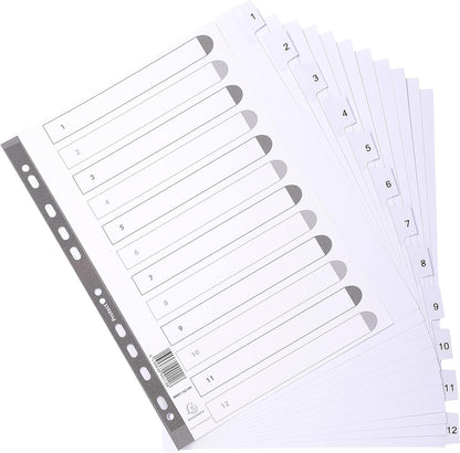 Exacompta - Ref MWD1-12Z-EW - Mylar Printed Indices - For Use With A4+ Documents, Pre-Punched, 160gsm White Card with Reinforced Plastic Tabs, FSC-Certified - 12-Part Dividers (1-12
