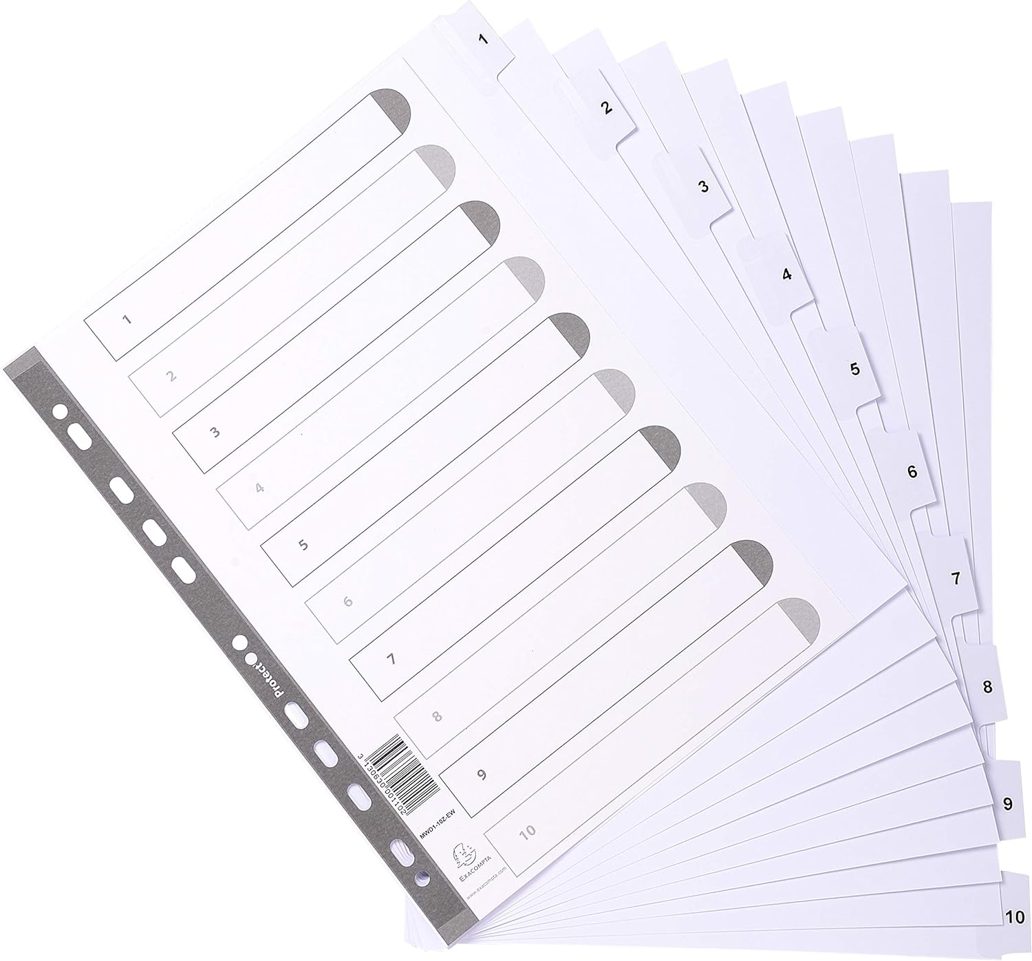 Exacompta - Ref MWD1-10Z-EW - Mylar Printed Indices - For Use With A4+ Documents, Pre-Punched, 160gsm White Card with Reinforced Plastic Tabs, FSC-Certified - 10-Part Dividers (1-10