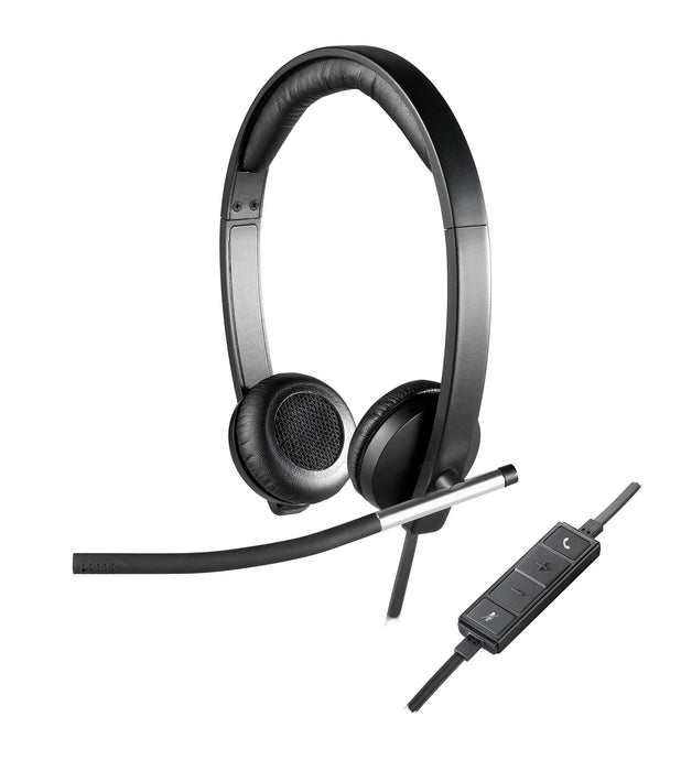 Logitech H650e Wired Headset, Stereo Headphones with Noise-Cancelling Microphone, USB, In-Line Controls, Indicator LED, PC/Mac/Laptop - Black Stereo Single