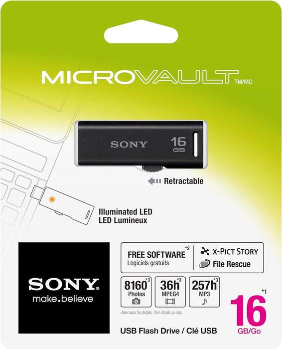 Sony USM16GR 16GB Microvault USB Flash Drive with Retractable Connector, Black 16GB R Series (15MB/s)