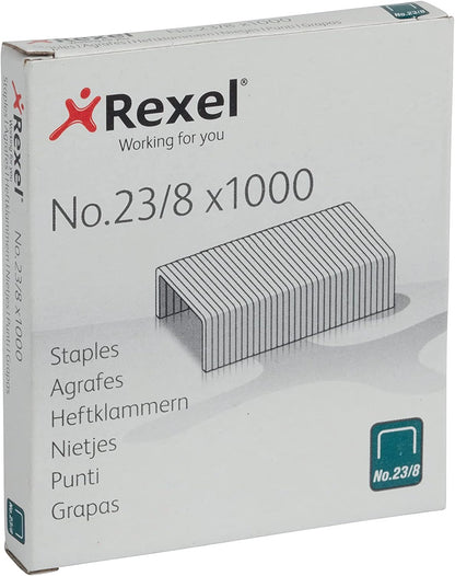 Rexel No.23/8 mm Heavy Duty Staples, For Stapling up to 40 Sheets, Use with Heavy Duty Staplers, Box of 1000, 2101054