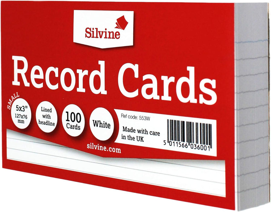 Silvine 5x3" Record Cards - Lined with headline, 100 cards per pack. Ref 553W (127 x 76mm