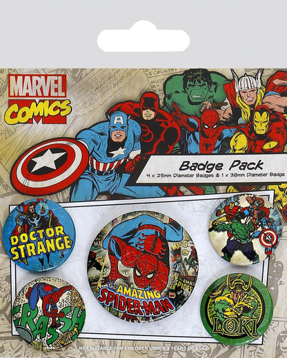 Pyramid International Marvel Retro Spider-Man Badge, Multi-Colour, 4 x 25 mm & 1 x 38 mm