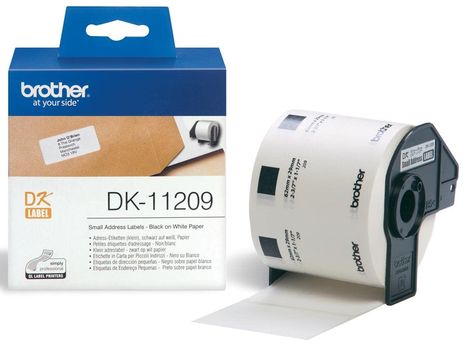 Brother DK-11209 Label Roll, Small Address Labels, Black on White, 800 Labels, Small Address Labels (29 x 62 mm) Brother Genuine Supplies Standard Yield