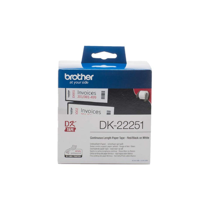 Brother DK-22251 Label Roll, Continuous Length Paper, Black/Red on White, Single Label Roll, 62mm (W) x 15.24M (L), Brother Genuine Supplies