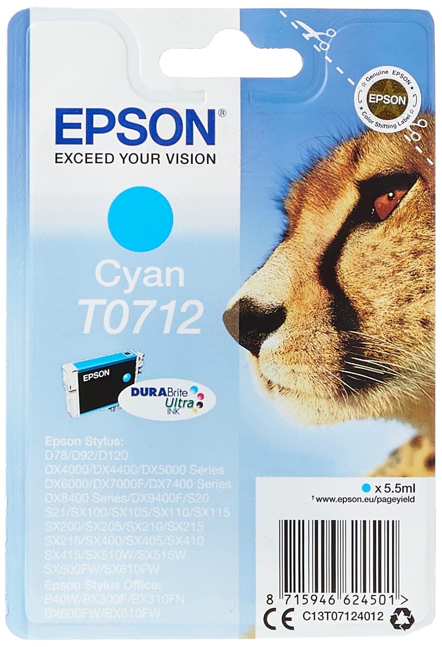 Epson C13T07124012 - Cartucho de tinta para Stylus D78 y otros, paquete estándar, color cian válido para los modelos Stylus, Stylus Office y otros