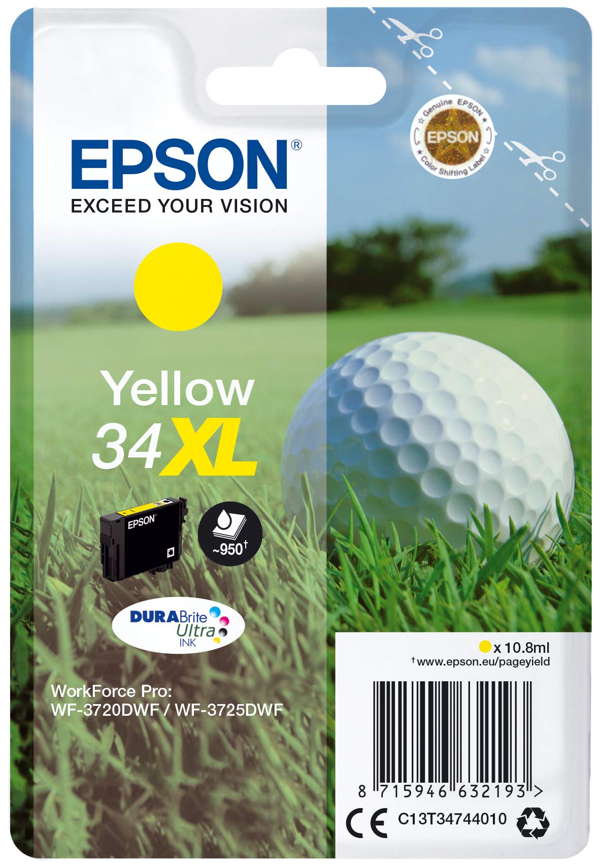 Epson 34 Serie Pallina da Golf, Cartuccia Originale Getto d'Inchiostro DURABrite Ultra, Formato XL, Giallo