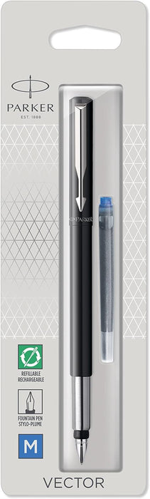 Parker Vector Fountain Pen | Black with Chrome Trim | Medium Nib | Blue Ink | Hangtab Black Medium nib blister pack