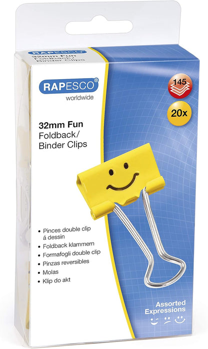 Rapesco 1354 32 mm Fun Foldback Clips, Bright Yellow, Pack of 20