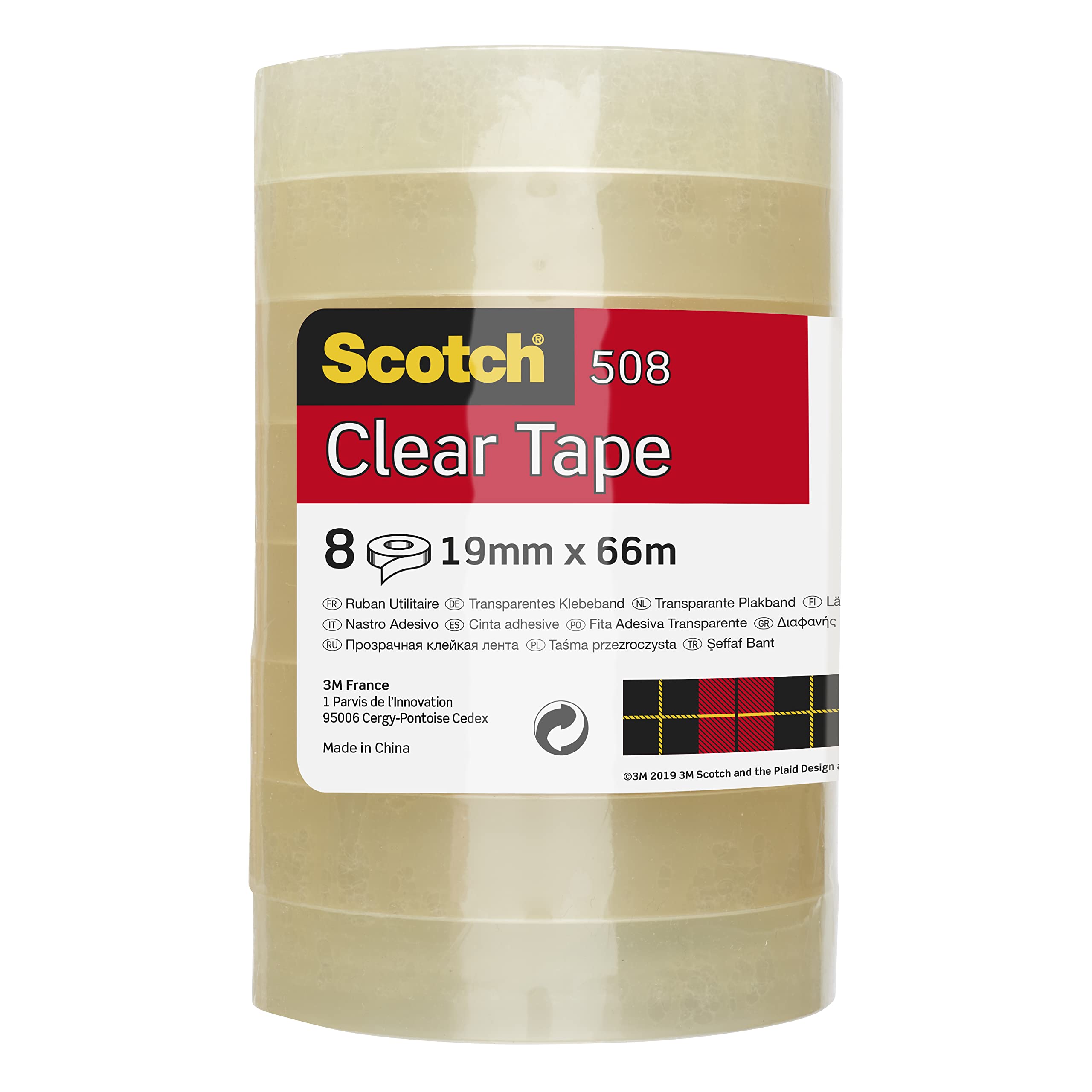 Scotch Transparent Tape 508 - 8 Rolls - 19 mm x 66 m - General Purpose Clear Tape for School, Home and Office