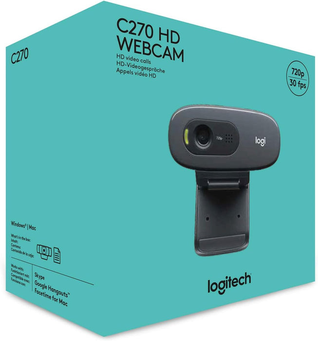 Logitech C270 HD Webcam, HD 720p/30fps, Widescreen HD Video Calling, HD Light Correction, Noise-Reducing Mic, Streaming, For Skype, FaceTime, Hangouts, WebEx, PC/Mac/Laptop/Macbook/Tablet - Black Black Webcam
