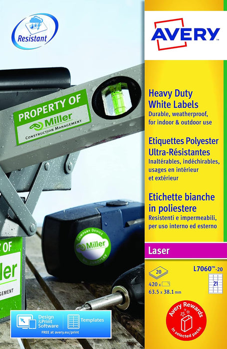 Avery L7060-20 (63.5 x 38.1mm) Extra-Strong Adhesive Heavy Duty Weatherproof Labels, 21 Labels Per A4 Sheet, White 1 White