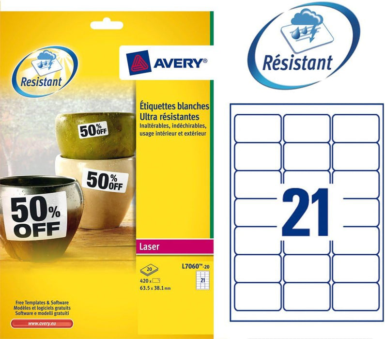 Avery L7060-20 (63.5 x 38.1mm) Extra-Strong Adhesive Heavy Duty Weatherproof Labels, 21 Labels Per A4 Sheet, White 1 White