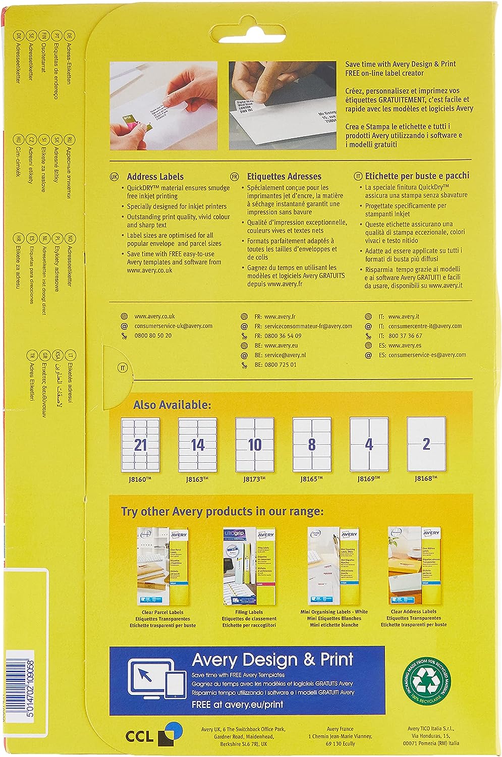 Avery Self Adhesive Address Mailing Labels, Inkjet Printers, 14 Labels per A4 Sheet, 350 labels, QuickDRY (J8163) White