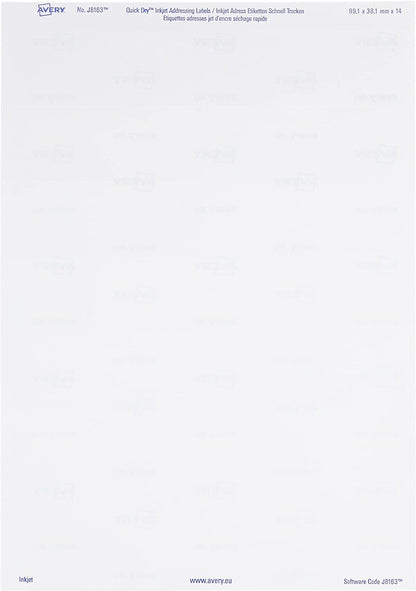 Avery Self Adhesive Address Mailing Labels, Inkjet Printers, 14 Labels per A4 Sheet, 350 labels, QuickDRY (J8163) White