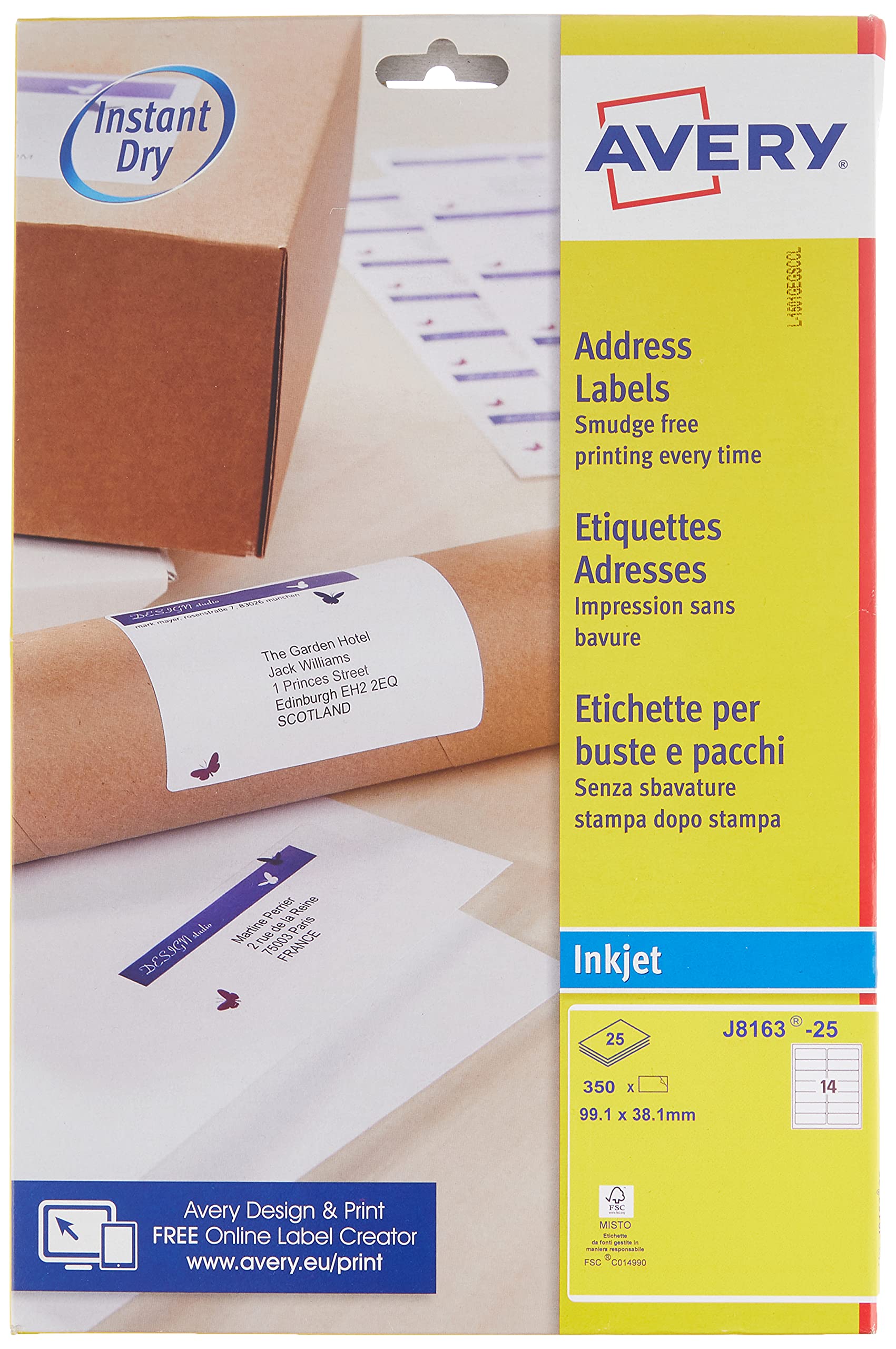 Avery Self Adhesive Address Mailing Labels, Inkjet Printers, 14 Labels per A4 Sheet, 350 labels, QuickDRY (J8163) White