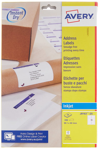 Avery Self Adhesive Address Mailing Labels, Inkjet Printers, 14 Labels per A4 Sheet, 350 labels, QuickDRY (J8163) White