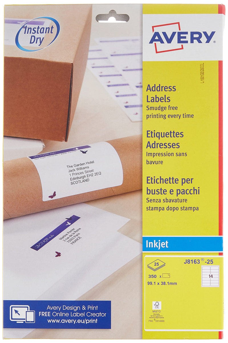 Avery Self Adhesive Address Mailing Labels, Inkjet Printers, 14 Labels per A4 Sheet, 350 labels, QuickDRY (J8163) White