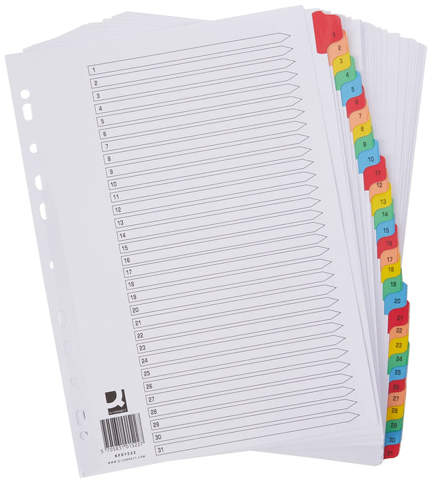Q-Connect 1-31 Index Multi-punched Reinforced Board Multi-Colour Numbered Tabs A4 White KF01522 1 - 31 Parts