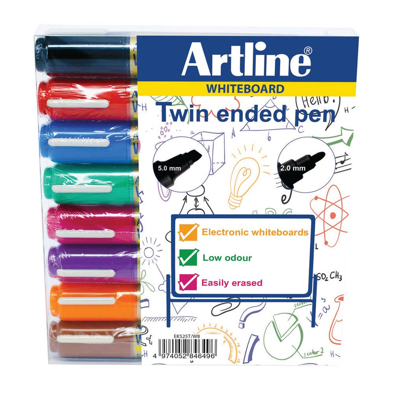 Paquete de 8 rotuladores 2 en 1 EK-525T de Artline para pizarra blanca, una punta fina de 2 mm y otra de cincel 3 a 5 mm, colores surtidos