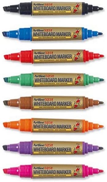 Paquete de 8 rotuladores 2 en 1 EK-525T de Artline para pizarra blanca, una punta fina de 2 mm y otra de cincel 3 a 5 mm, colores surtidos
