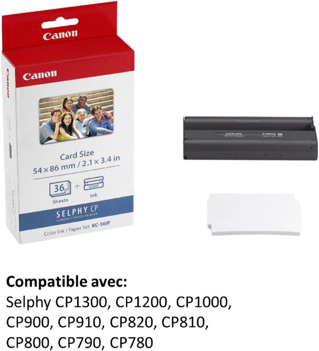 Paper for Canon SELPHY CP1500 - KC-36IP Genuine Canon Ink + Paper Set (54 x 84mm) 36 Sheets, also compatible with CP1300, CP1200 Pack of 36