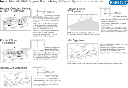 Rapesco 1342 Adjustable 6-Hole Organiser/Diary Punch, 10 Sheet Capacity, Black Black Single