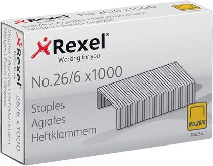 Rexel No.56 26/6 mm Standard Staples, For Stapling up to 20 Sheets, Use with Desktop Staplers and Pliers, Box of 1000, ACCO6131