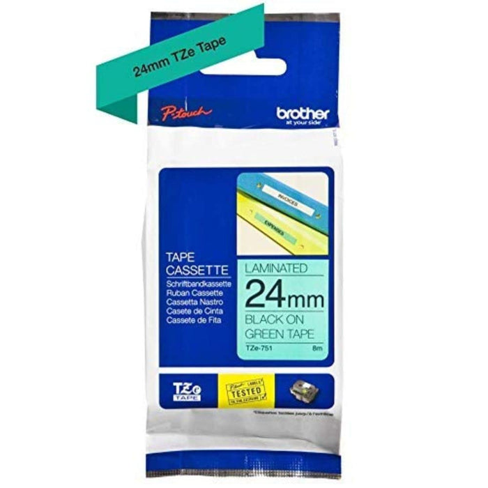 Brother TZe-751 - Black on green - Roll (2.4 cm x 8 m) 1 cassette(s) laminated tape - for Brother PT-D600, P-Touch PT-3600, D800, E550, P750, P900, P950, P-Touch Cube Plus PT-P710 24 mm Black on Green