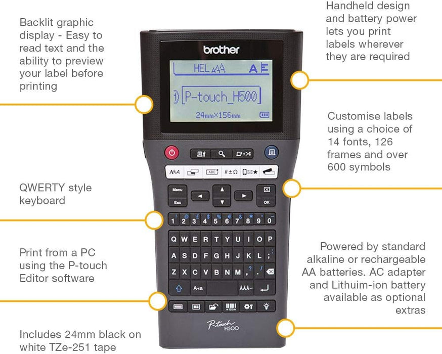 Brother PT-H500 Label Printer | P-Touch Labeller | PC Connected | QWERTY Keyboard ǀ Handheld