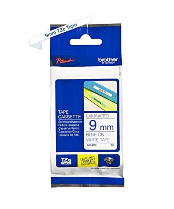 Brother TZe-223 Labelling Tape Cassette, 9 mm (W) x 8 m (L), Laminated, Brother Genuine Supplies - Blue on White 9 mm Blue on White